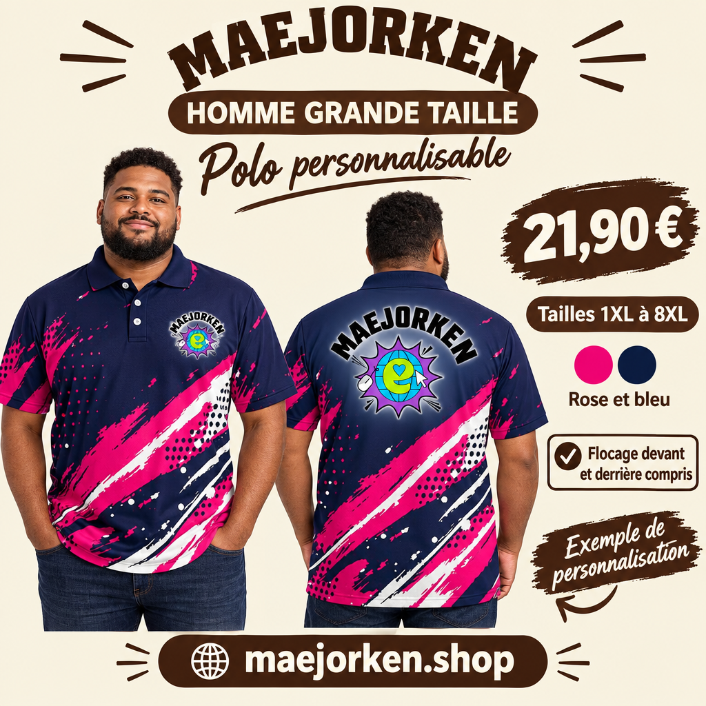 Polo homme rose et bleu présenté de face et de dos avec le logo multicolore MAEJORKEN, exemple de personnalisation, flocage devant et derrière compris, 21,90 €, tailles 1XL à 8XL.