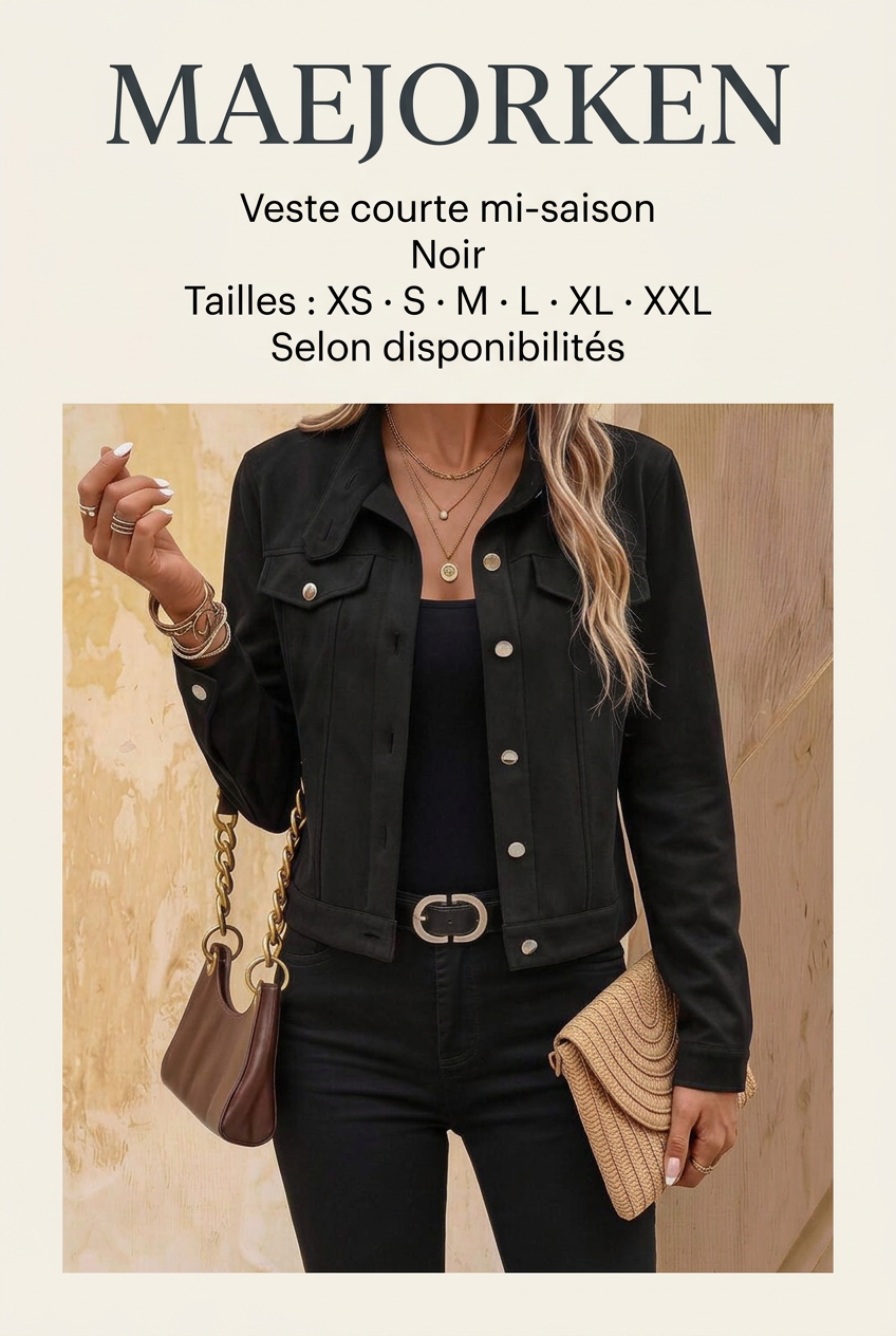 Affiche MAEJORKEN veste noire avec mannequin, tailles XS à XXL