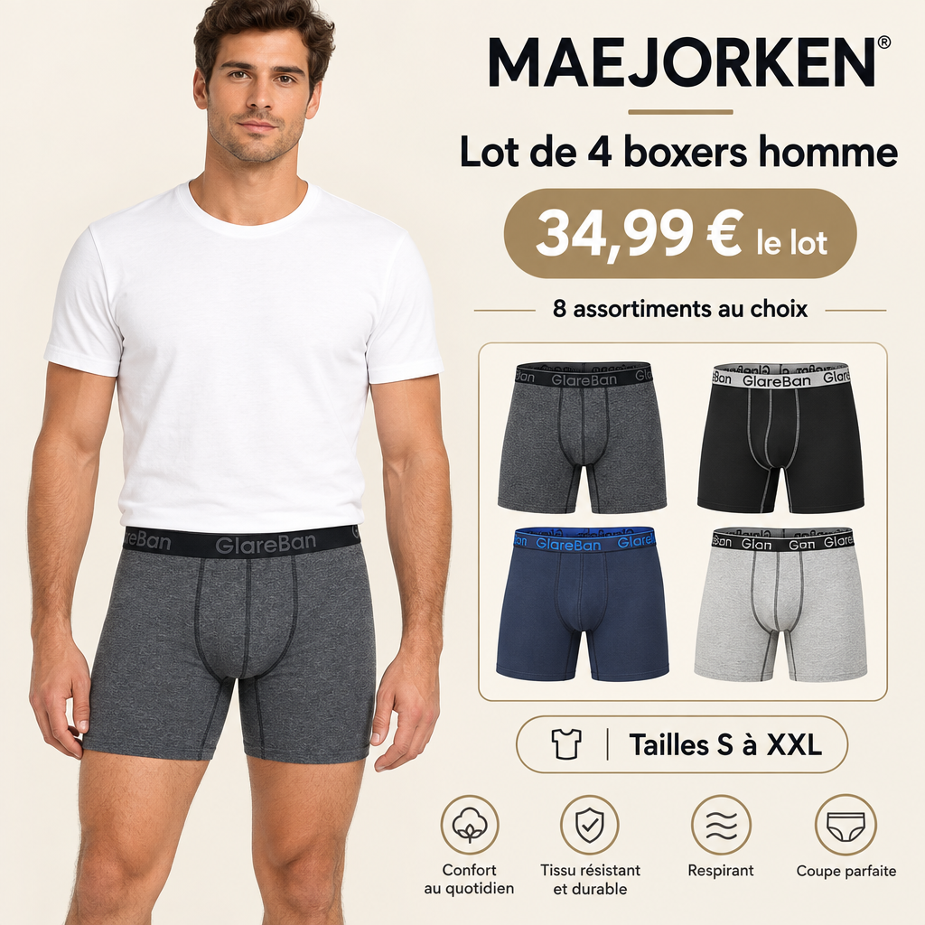 Lot de quatre boxers homme MAEJORKEN présenté avec mannequin, 34,99 € le lot, huit assortiments, tailles S à XXL