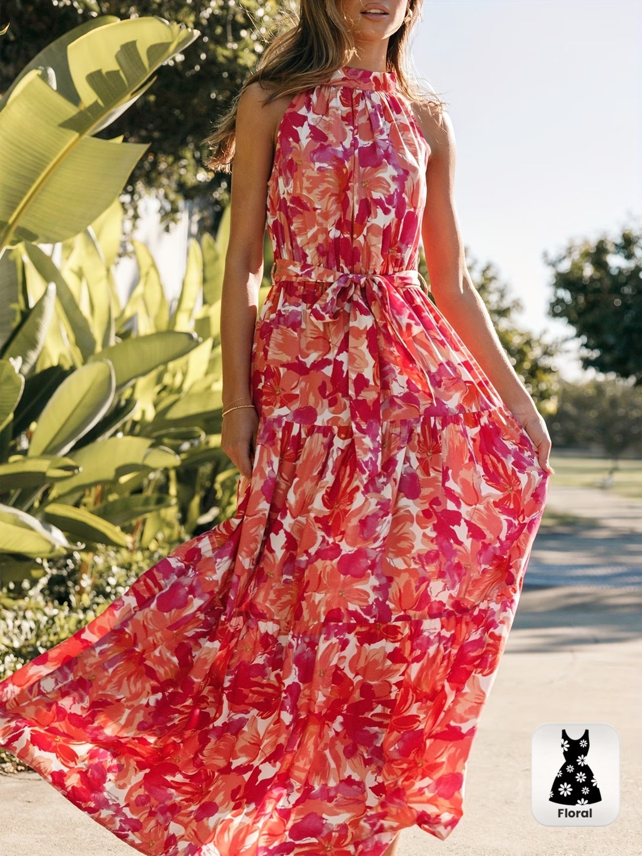 Robe Bohème Style Vacances Taille Haute Ceinture Évasée Coupe Trapèze Imprimé Floral Longue du S au 2XL MAEJORKEN