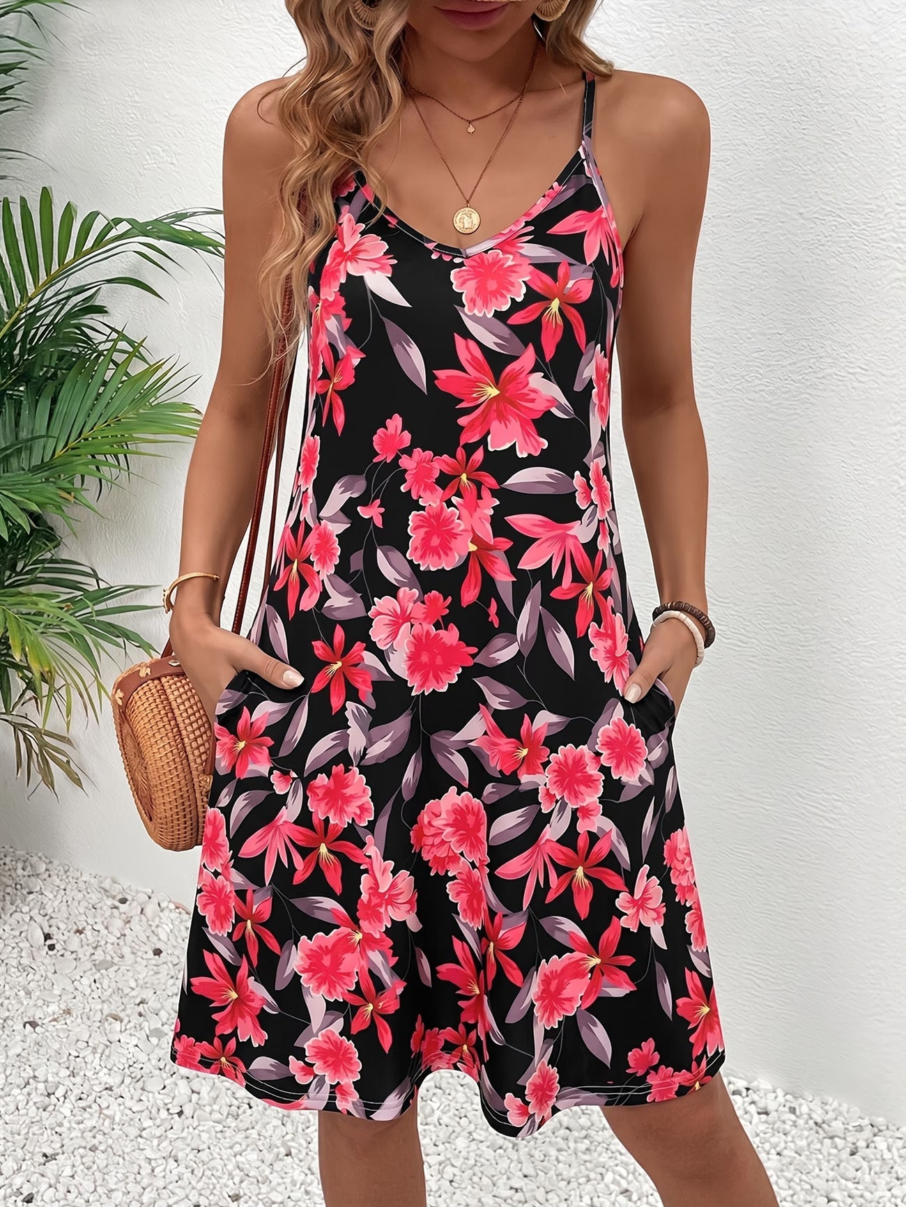 Robe à bretelles spaghetti pour femmes, imprimé floral printemps/été, poche design, décontractée et polyvalente, prête pour les vacances du S au 2XL MAEJORKEN