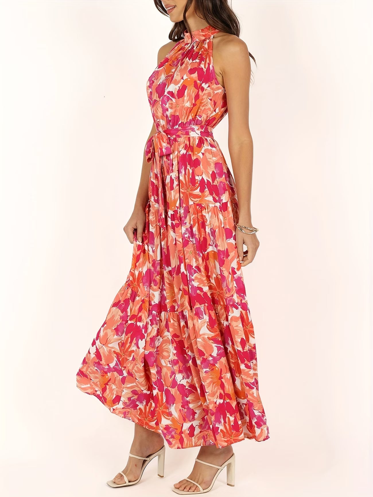 Robe Bohème Style Vacances Taille Haute Ceinture Évasée Coupe Trapèze Imprimé Floral Longue du S au 2XL MAEJORKEN