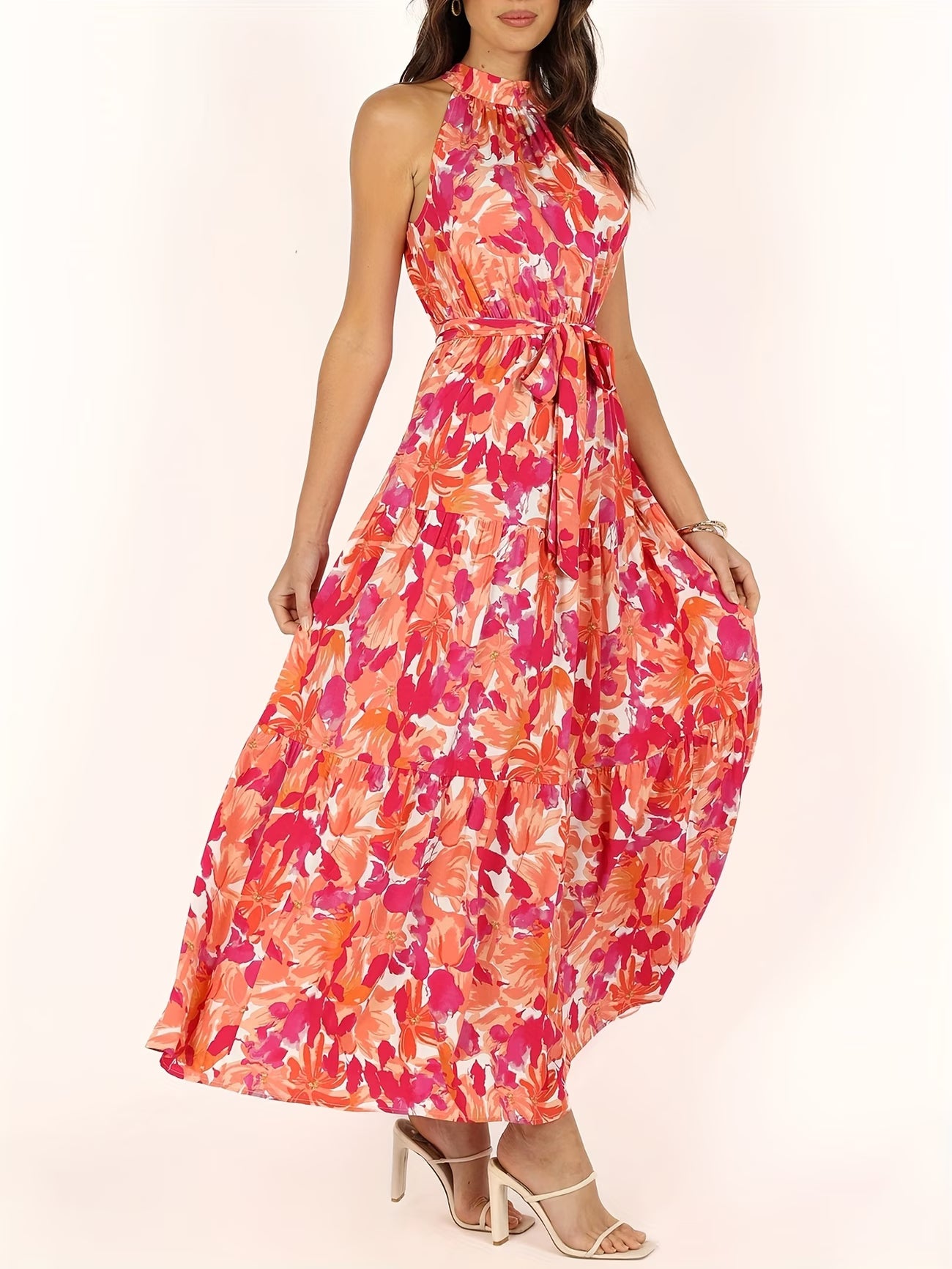 Robe Bohème Style Vacances Taille Haute Ceinture Évasée Coupe Trapèze Imprimé Floral Longue du S au 2XL MAEJORKEN