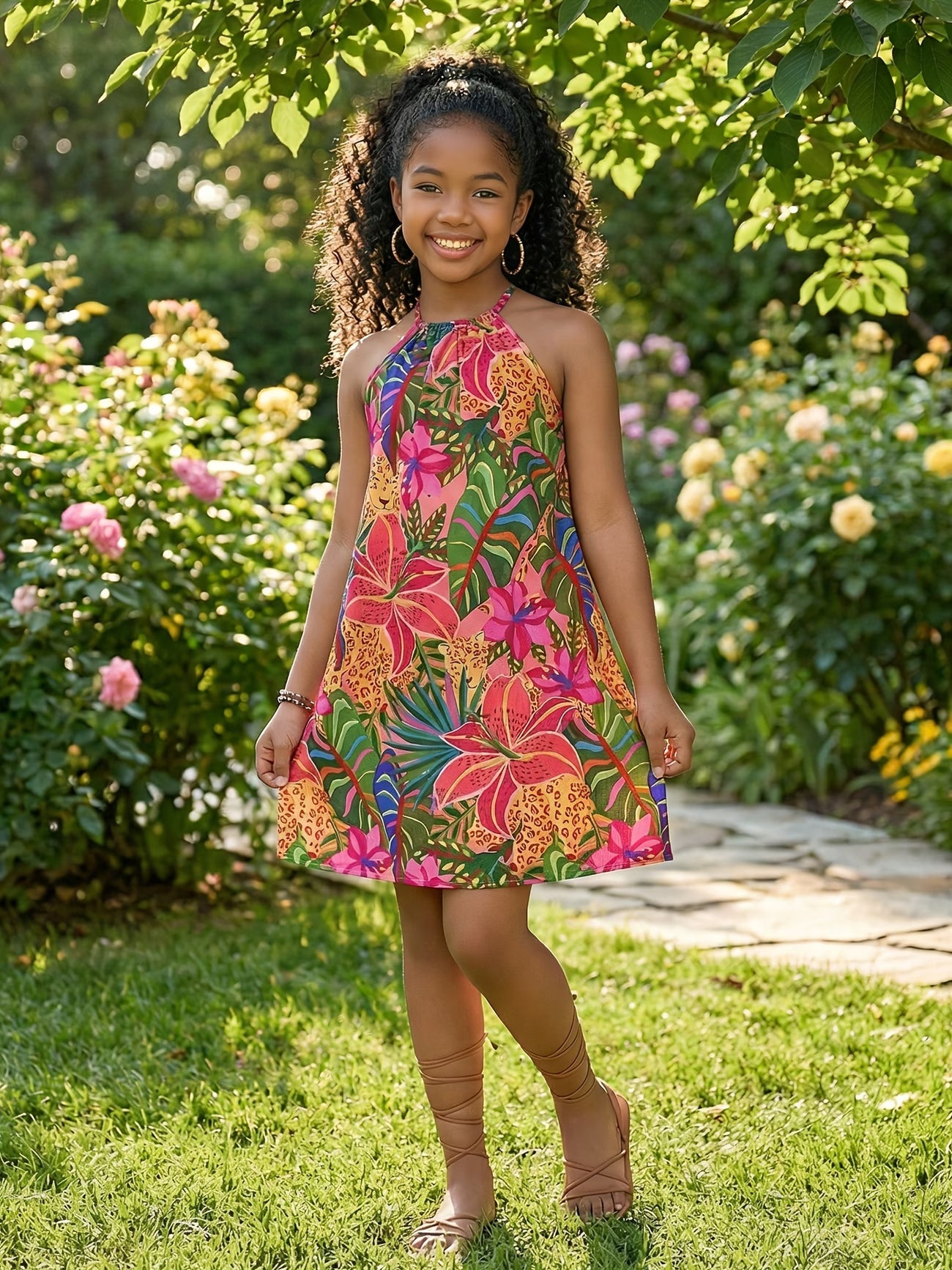 Robe d'été décontractée et tendance pour adolescentes, vacances, mode, mousseline de soie à fleurs fines, col licou du 9 au 14 ans MAEJORKEN