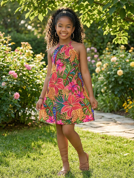 Robe d'été décontractée et tendance pour adolescentes, vacances, mode, mousseline de soie à fleurs fines, col licou du 9 au 14 ans MAEJORKEN