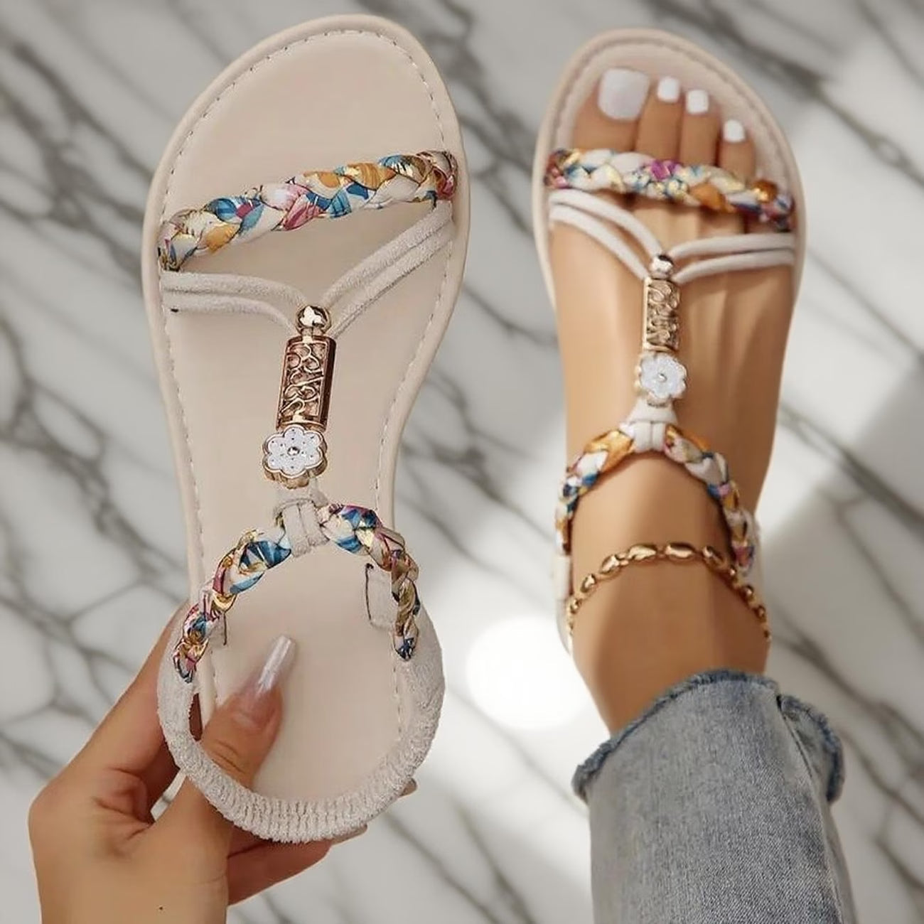 Sandales plates tressées bohèmes toutes saisons pour femmes, chaussures de plage légères à bride élastique, chaussures de vacances confortables et antidérapantes du 35,5 au 42, MAEJORKEN