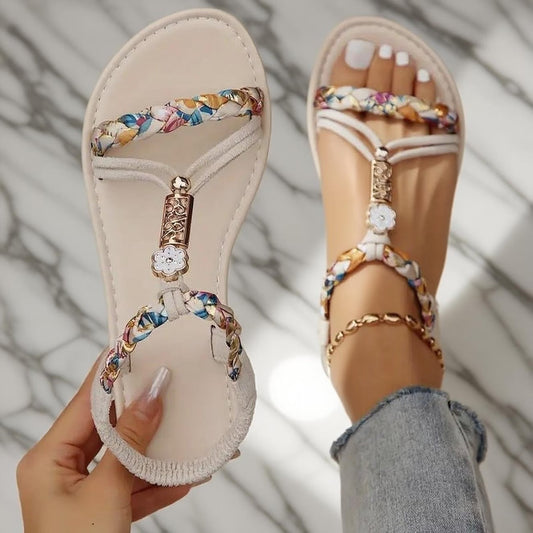 Sandales plates tressées bohèmes toutes saisons pour femmes, chaussures de plage légères à bride élastique, chaussures de vacances confortables et antidérapantes du 35,5 au 42, MAEJORKEN