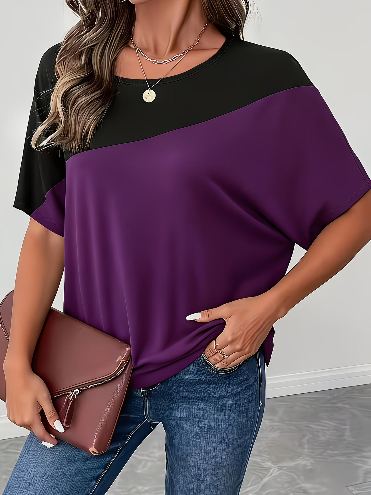 T-Shirt Décontracté à Manches Chauve-Souris et Blocs de Couleur pour Femmes Grande Taille - Nouvelle Arrivée du XL au 5XL MAEJORKEN