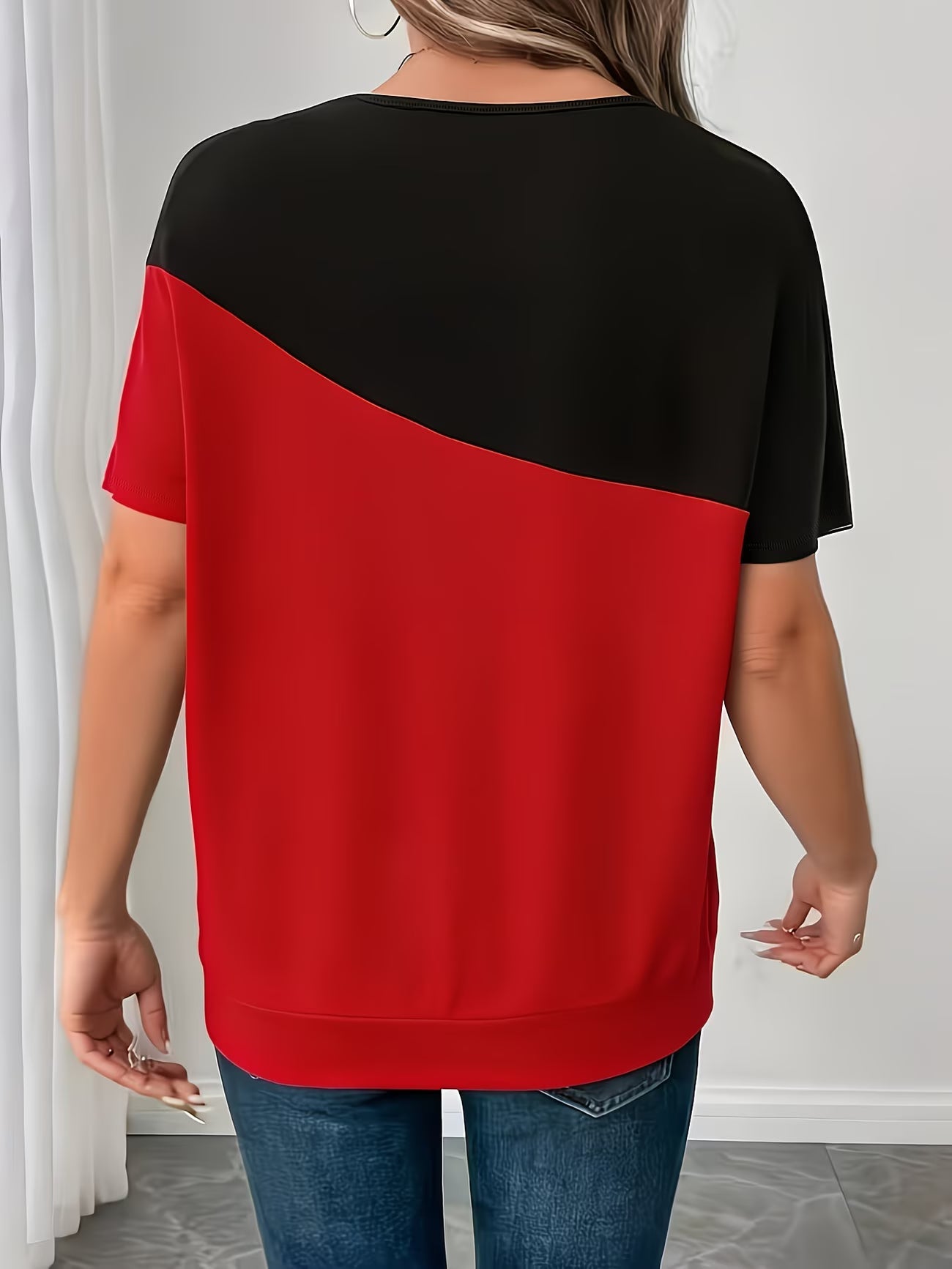 T-Shirt Décontracté à Manches Chauve-Souris et Blocs de Couleur pour Femmes Grande Taille - Nouvelle Arrivée du XL au 5XL MAEJORKEN