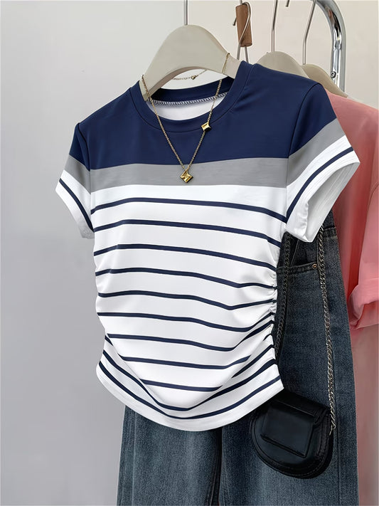 T-shirt rayé pour filles, printemps et été, coupe slim, col rond du 7 au 16 ans MAEJORKEN
